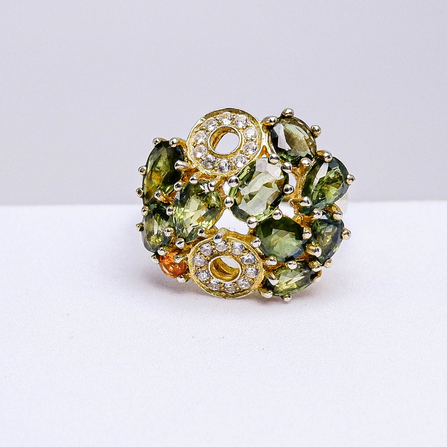 แหวนเงินแท้ 925 ฝังพลอย เขียวส่อง (green Sapphire) + ออเรนจ์แซฟไฟร์ (Orange Sapphire) + เซอร์คอน (Zircon)