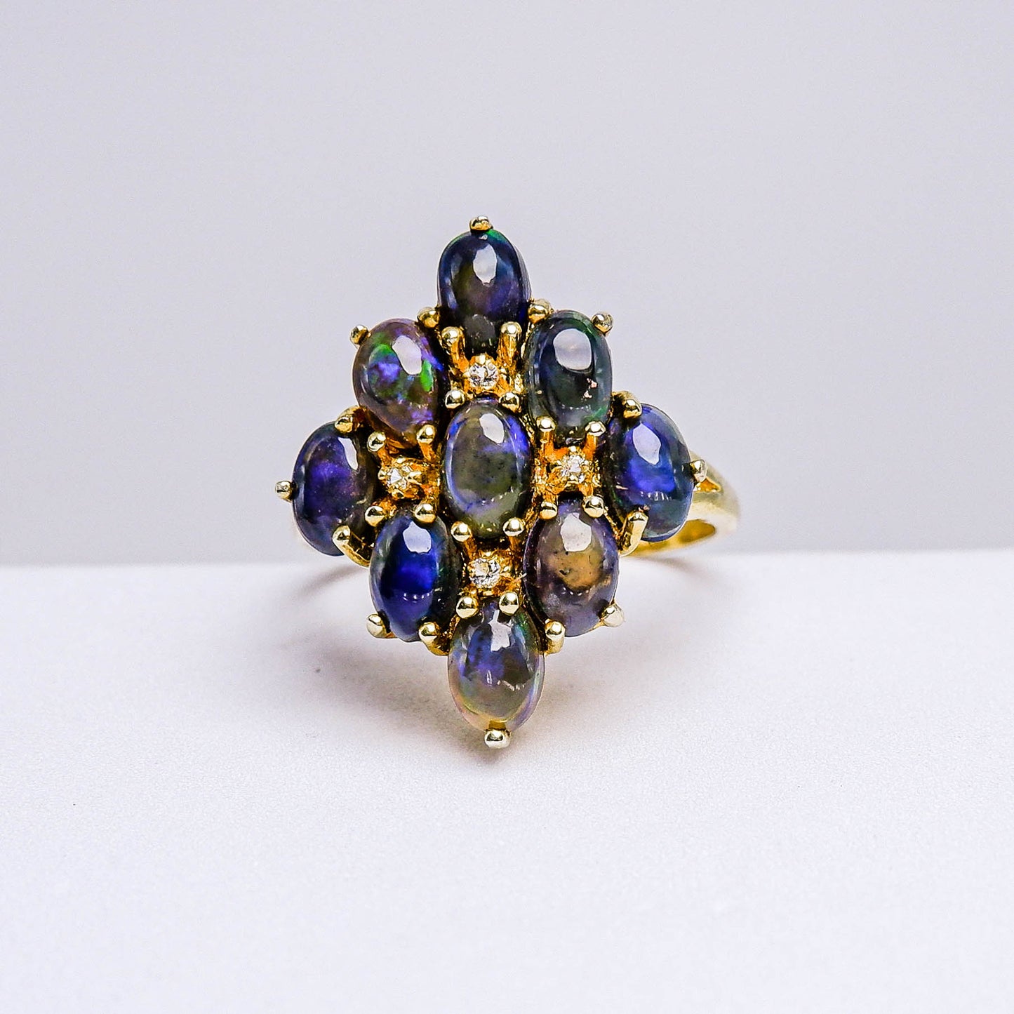 แหวนเงินแท้ 925 ฝังพลอย แบล็คโอปอล (Black Opal) + ไวท์โทพาส (whitetopaz)