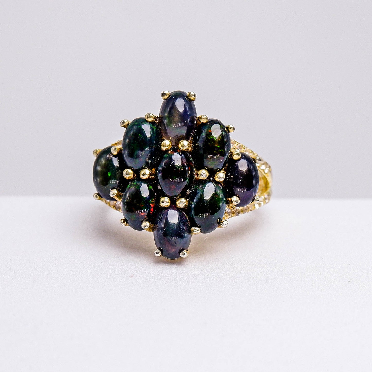 แหวนเงินแท้ 925 ฝังพลอย แบล็คโอปอล (Black Opal) + ไวท์โทพาส (whitetopaz)