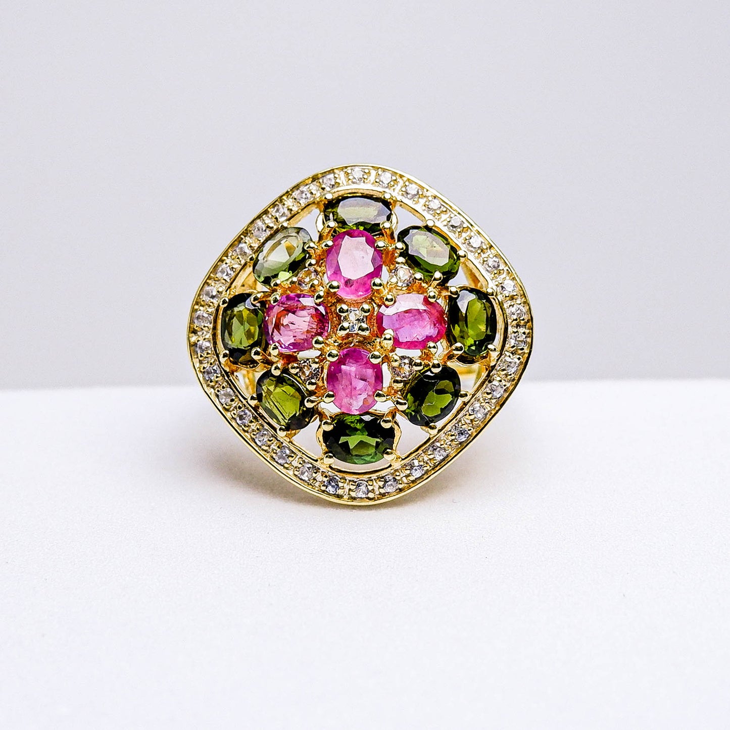 แหวนเงินแท้ 925 ฝังพลอย ทับทิมไทย (Siam Ruby) + ทัวร์มาลีน (Tourmaline) + ไวท์โทพาส (whitetopaz)