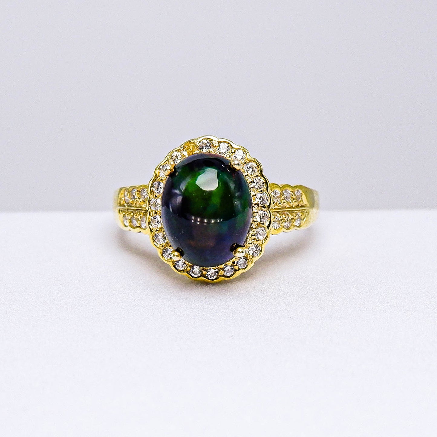 แหวนเงินแท้ 925 ฝังพลอย แบล็คโอปอล (Black Opal) + เซอร์คอน (Zircon)