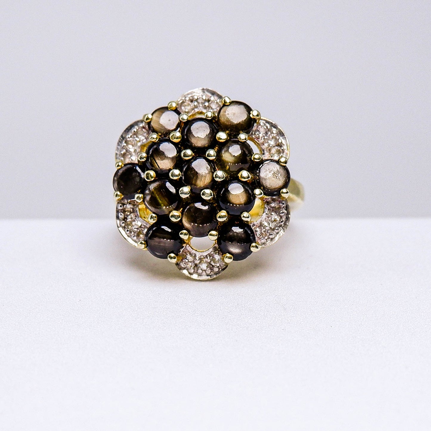 แหวนเงินแท้ 925 ฝังพลอย แบล็คสตาร์ (Black Star Sapphire) + ไวท์โทพาส (whitetopaz)