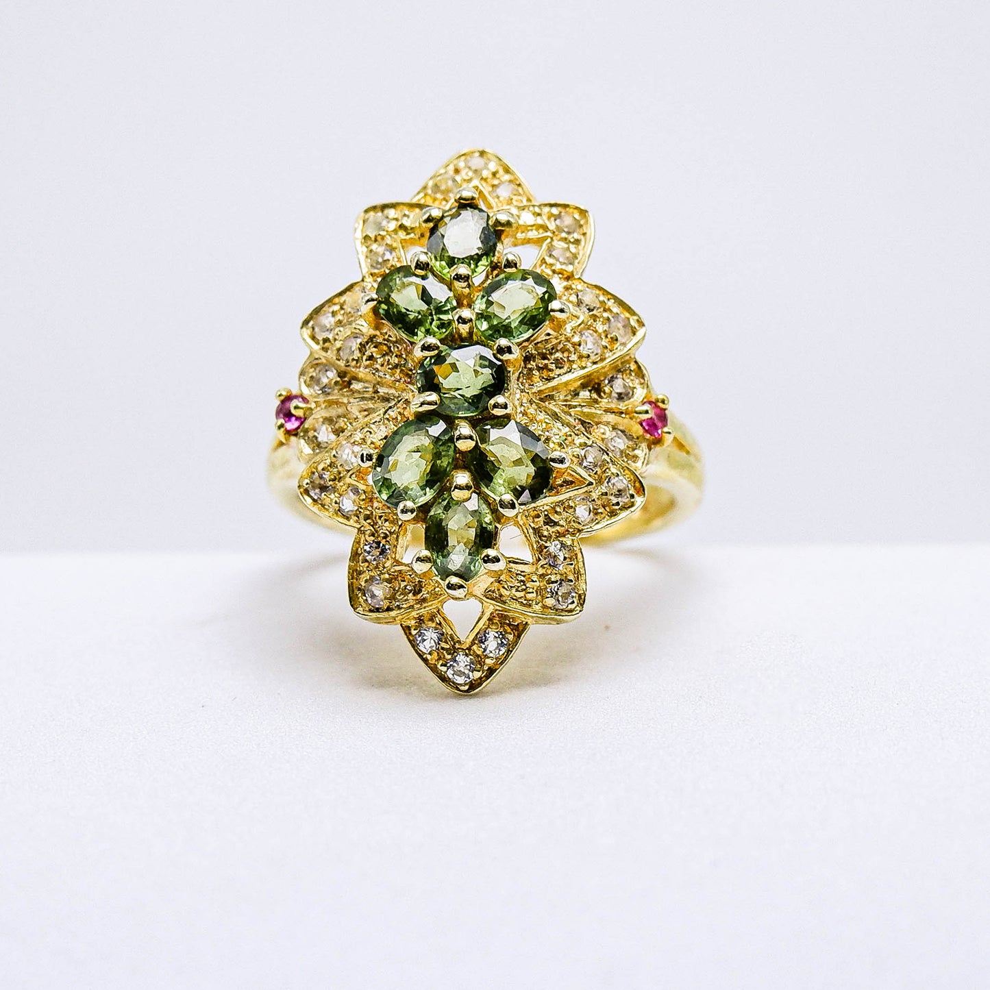 แหวนเงินแท้ 925 ฝังพลอย เขียวส่องบางกะจะ(green Sapphire)+ทับทิมไทย(Siam Ruby)+ไวท์โทพาส(whitetopaz)