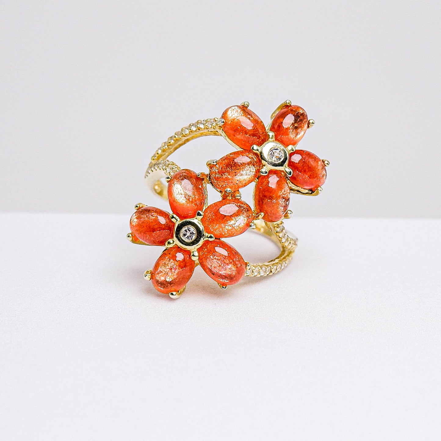 แหวนเงินแท้ 925 ฝังพลอย ซันสโตน (Sunstone) + เซอร์คอน (Zircon)