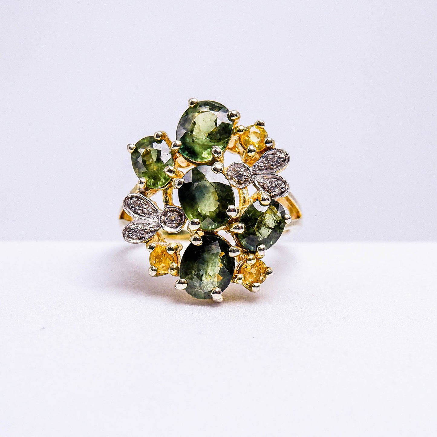แหวนเงินแท้ 925 ฝังพลอย เขียวส่อง(green Sapphire)+บุษราคัม(Yellow Sapphire)+เซอร์คอน(Zircon)