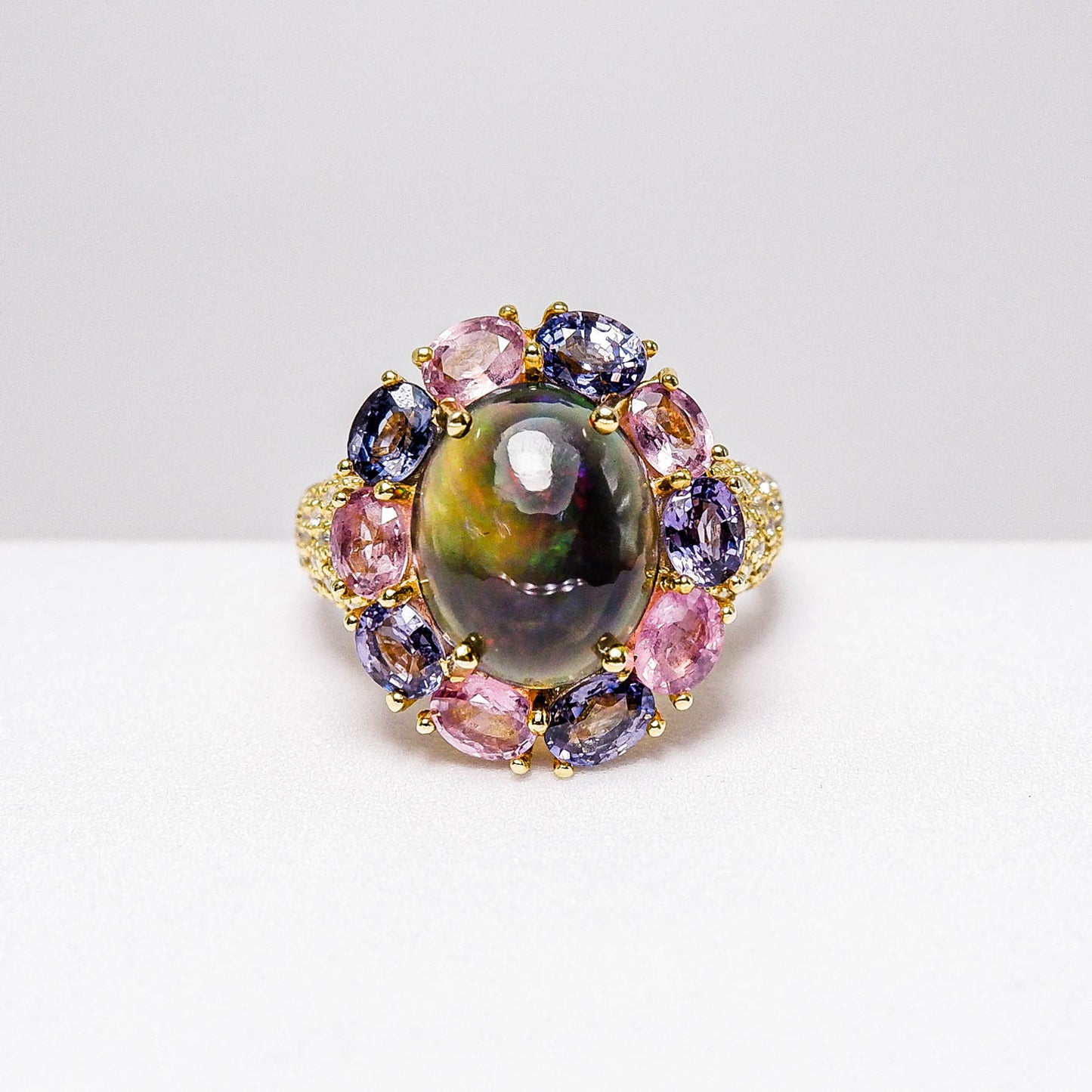 แหวนเงินแท้ 925 ฝังพลอย แบล็คโอปอล (Black Opal) + แซฟไฟร์ (ดิบ (Sapphire) + เซอร์คอน (Zircon)