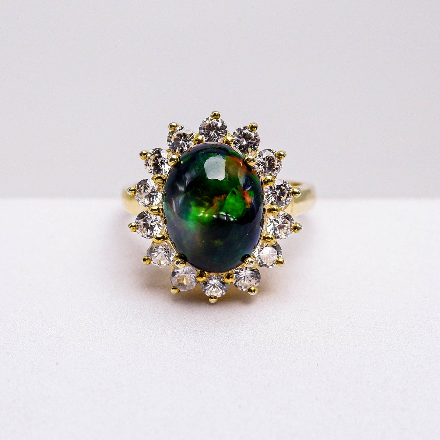 แหวนเงินแท้ 925 ฝังพลอย แบล็คโอปอล (Black Opal) + เซอร์คอน (Zircon)
