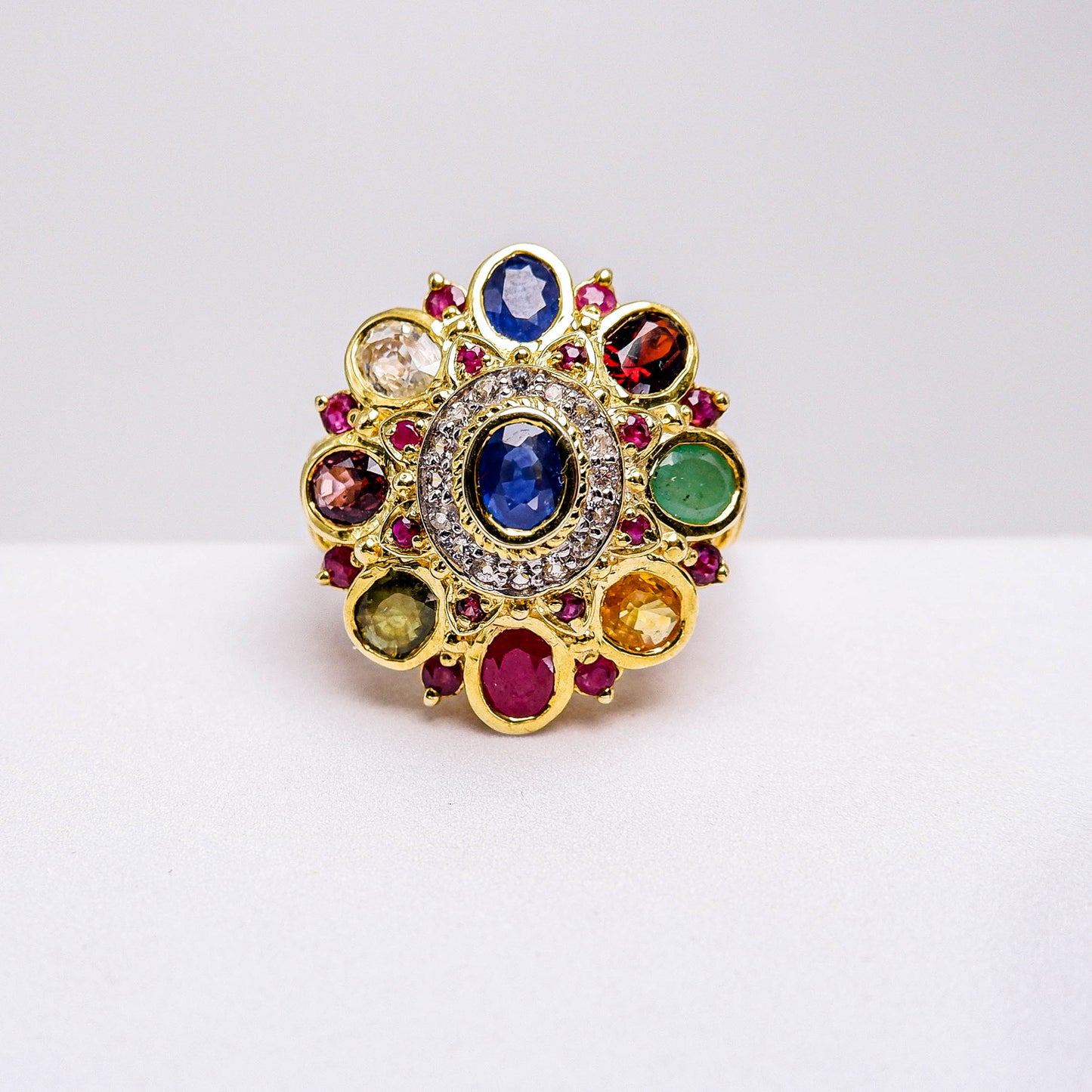 แหวนเงินแท้ 925 ฝังพลอย นพเก้า (Nine Lucky Gemstones)+ทับทิมไทย(Ruby)+ไวท์โทพาส(whitetopaz)