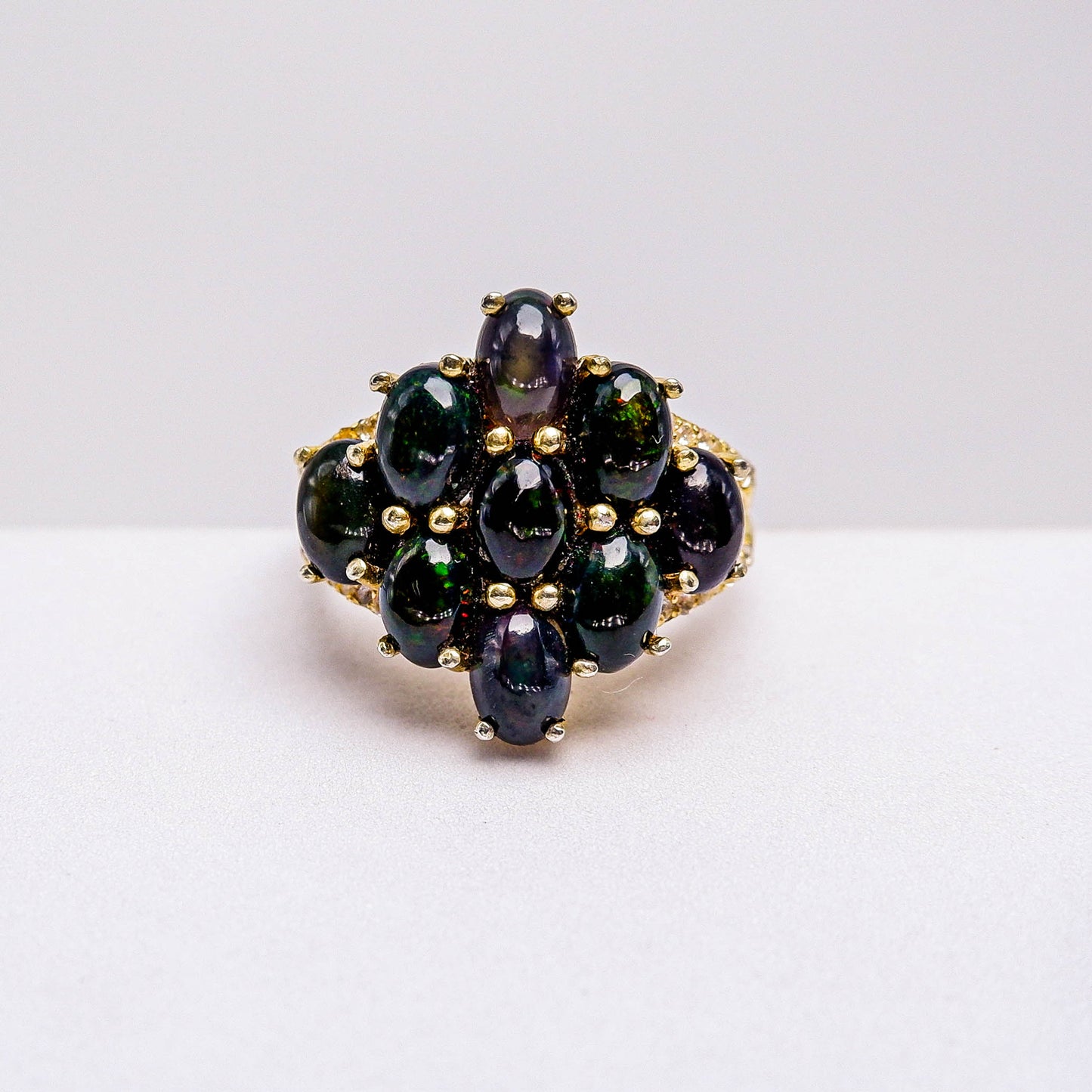 แหวนเงินแท้ 925 ฝังพลอย แบล็คโอปอล (Black Opal) + ไวท์โทพาส (whitetopaz)