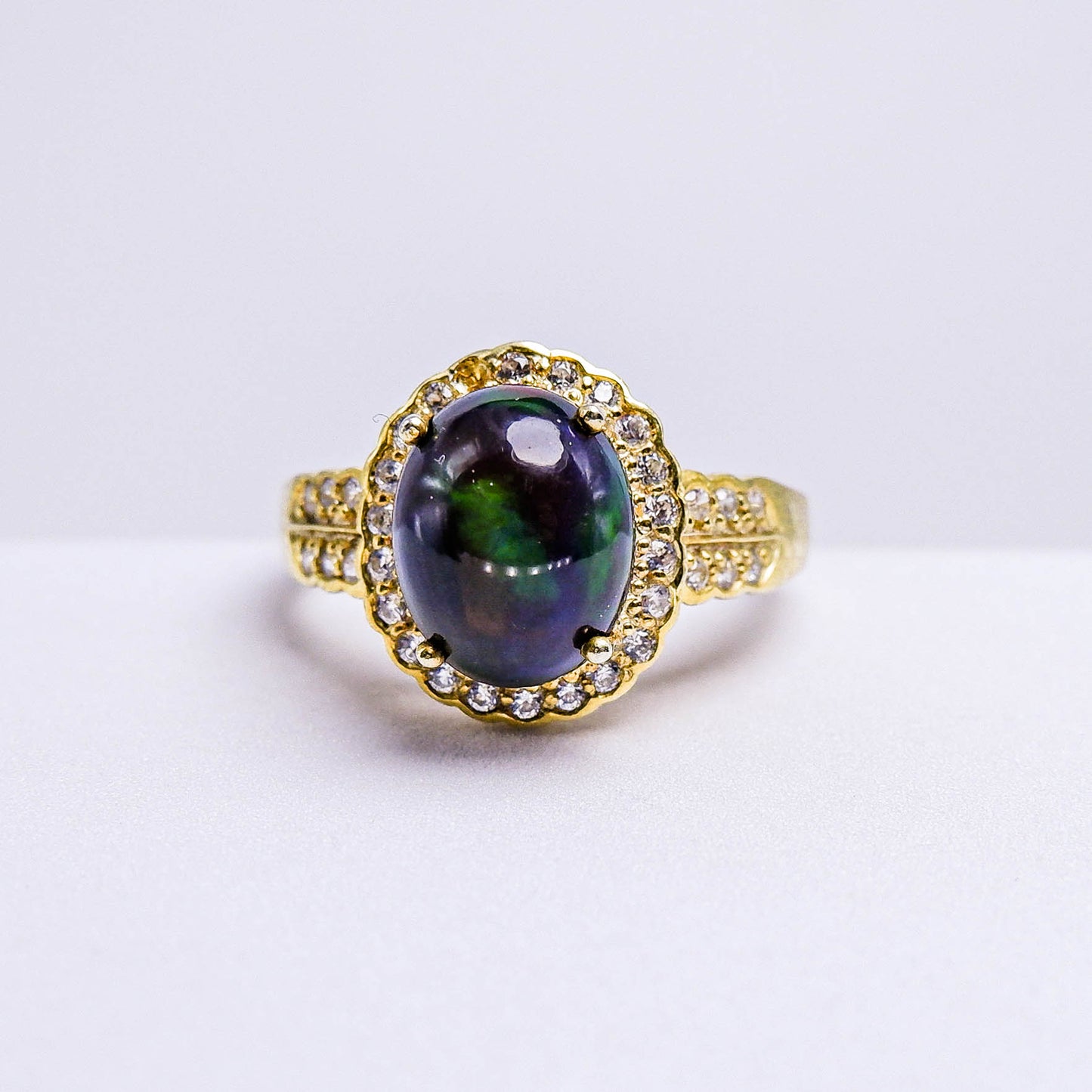 แหวนเงินแท้ 925 ฝังพลอย แบล็คโอปอล (Black Opal) + เซอร์คอน (Zircon)