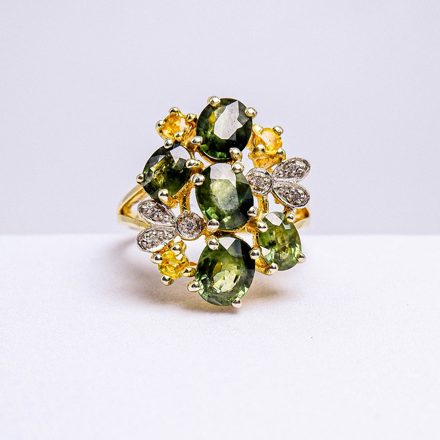 แหวนเงินแท้ 925 ฝังพลอย เขียวส่อง(green Sapphire)+บุษราคัม(Yellow Sapphire)+เซอร์คอน (Zircon)