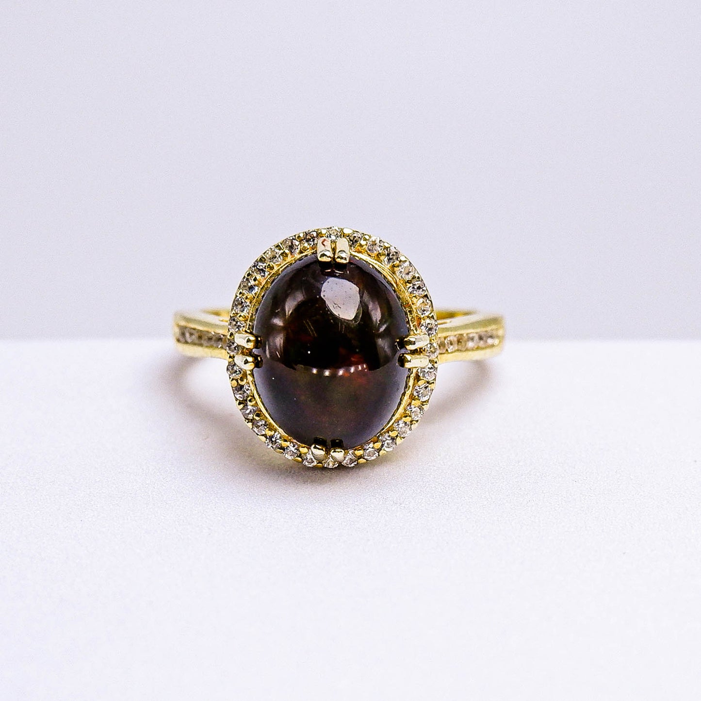 แหวนเงินแท้ 925 ฝังพลอย แบล็คโอปอล (Black Opal) + เซอร์คอน (Zircon)