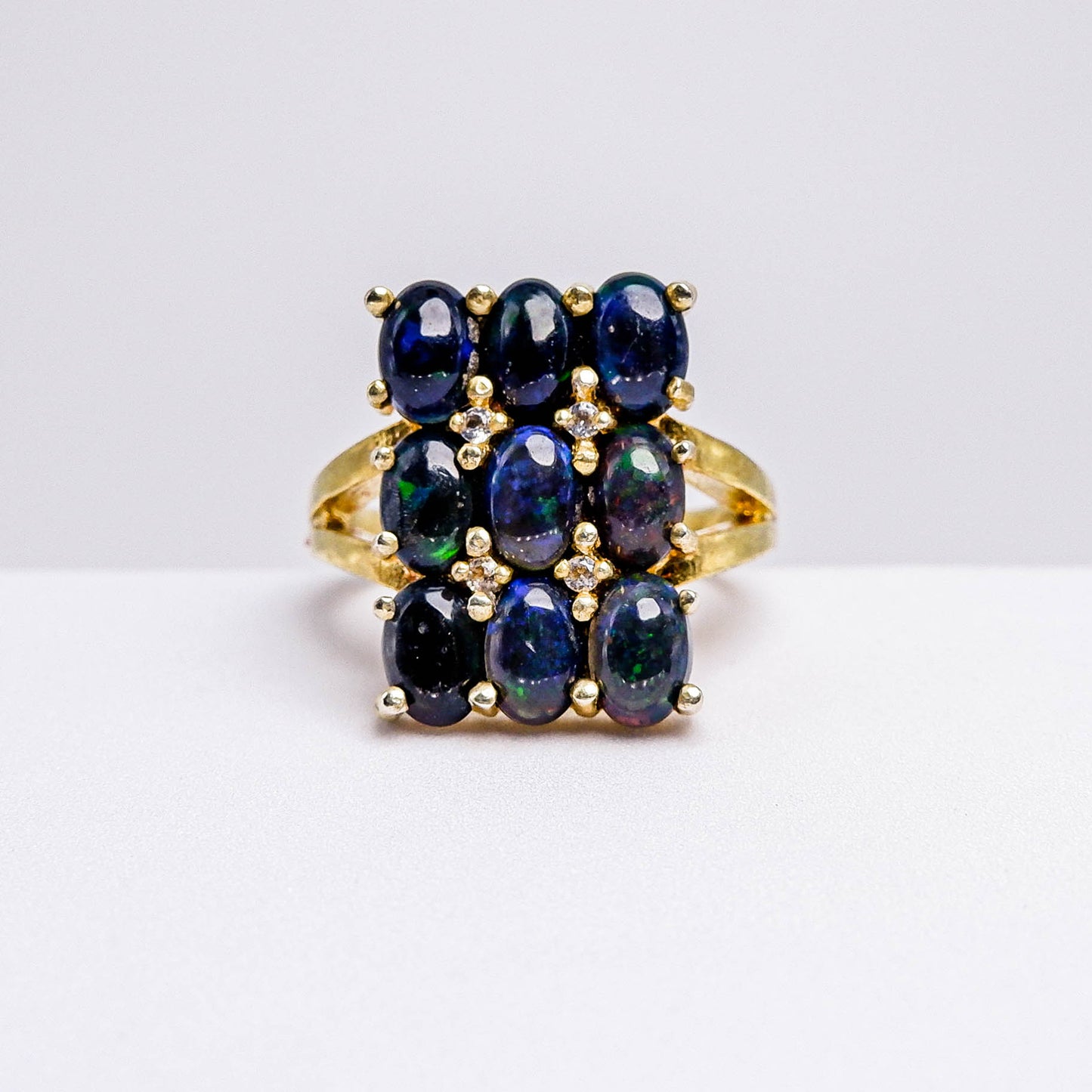 แหวนเงินแท้ 925 ฝังพลอย แบล็คโอปอล (Black Opal) + ไวท์โทพาส (whitetopaz)