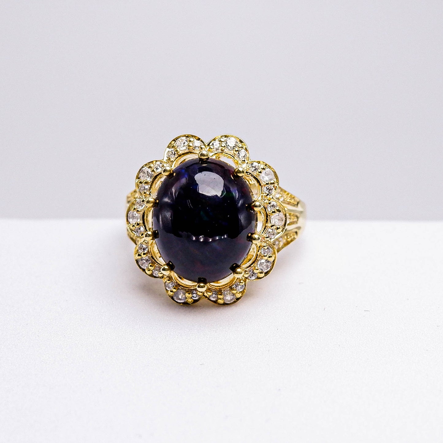 แหวนเงินแท้ 925 ฝังพลอย แบล็คโอปอล (Black Opal) + เซอร์คอน (Zircon)
