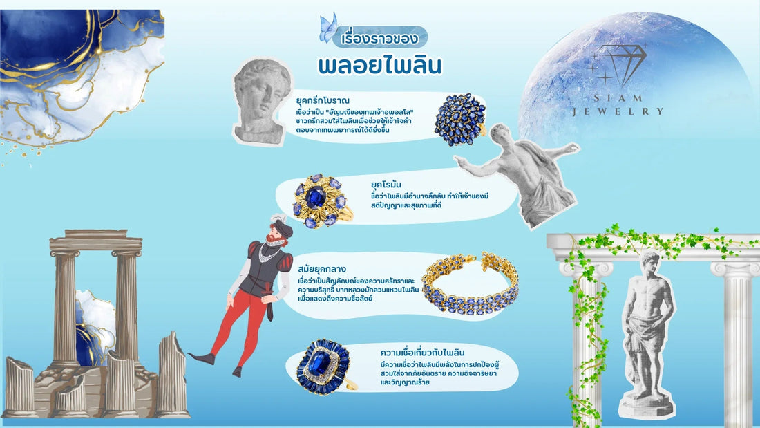 Infographic about sapphire gemstones showing historical jewelry pieces, Greek and Roman statues, and decorative columns on a blue background.