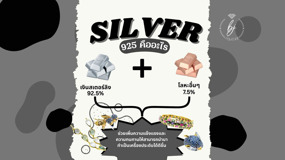 Infographic explaining 92.5% sterling silver composition with silver and alloy bars, jewelry images.