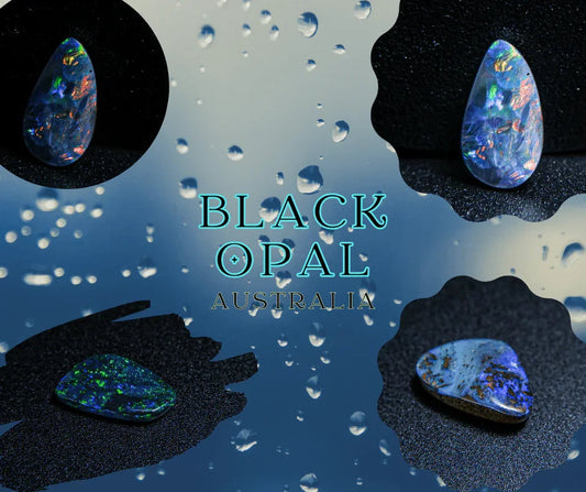 Four Australian black opal gemstones with vibrant colors on textured background, water droplets overlay.