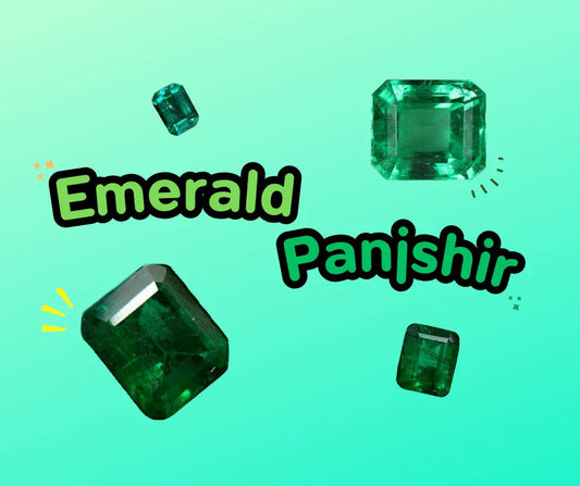 Multiple Panjshir emerald gemstones in various cuts on a green gradient background