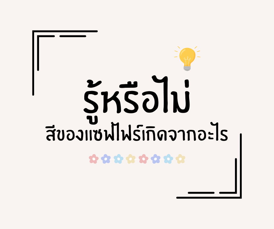 Thai text explaining sapphire gemstone colors, light bulb icon, pastel flower illustrations, minimalist style