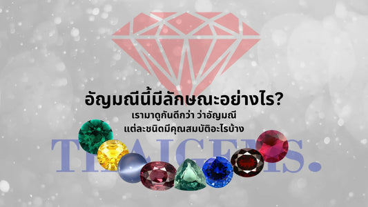 Assorted colorful gemstones with Thai text and large red diamond icon on a sparkly grey background