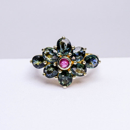 แหวนเงินแท้ 925 ฝัง เขียวส่องบางกะจะ (green Sapphire) + ทับทิม (Ruby)