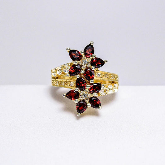 แหวนเงินแท้ 925 ฝังพลอย โกเมน (Garnet) + โทพาส (Topaz) - Thaigems