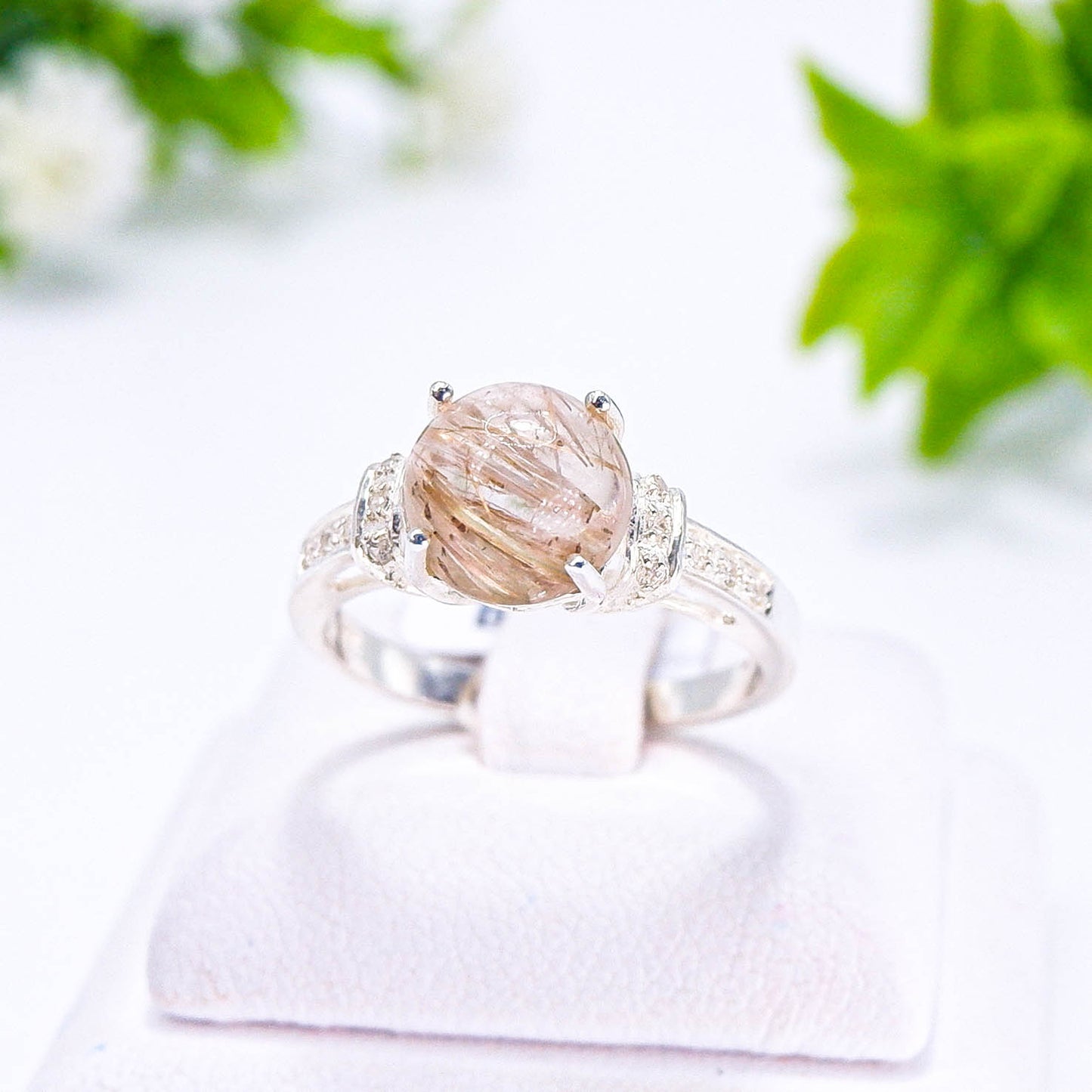 แหวนเงินแท้ 925 ฝังพลอย ไหมทอง (Golden Rutilated Quartz) + เซอร์คอน (Zircon)