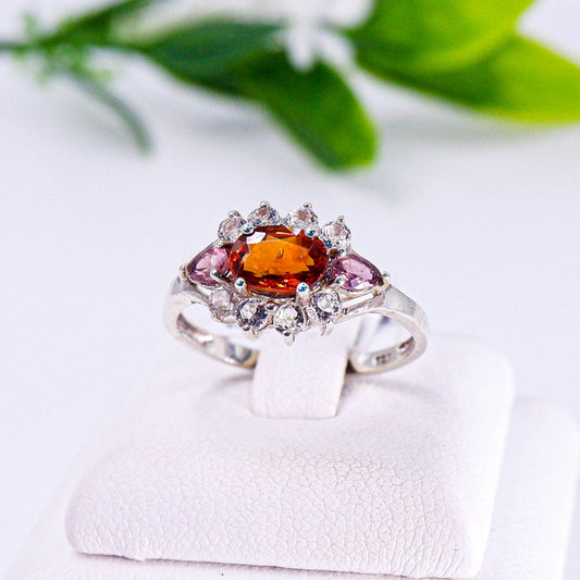 แหวนเงินแท้ 925 ฝังพลอย สเปซซาไทต์(Spessartite Garnet)+แซฟไฟร์(Sapphire)+ไวท์โทพาส(whitetopaz)