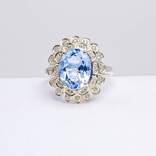 แหวนเงินแท้ 925 ฝังพลอย บลูโทพาส (Blue Topaz) + เซอร์คอน (Zircon)