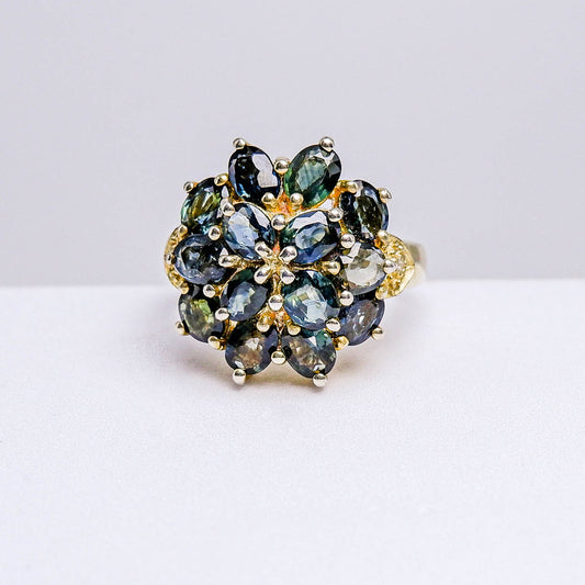 แหวนเงินแท้ 925 ฝังพลอย เขียวส่องบางกะจะ (green Sapphire) + เซอร์คอน (Zircon)