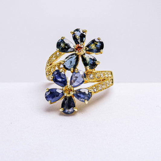 แหวนเงินแท้ 925 ฝังพลอย ไพลิน (Blue Sapphire) + บุษราคัม (Yellow Sapphire) + ไวท์โทพาส (whitetopaz)