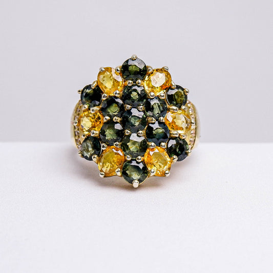 แหวนเงินแท้ 925 ฝังพลอย เขียวส่อง (green Sapphire)+บุษราคัม (Yellow Sapphire)+เซอร์คอน(Zircon)