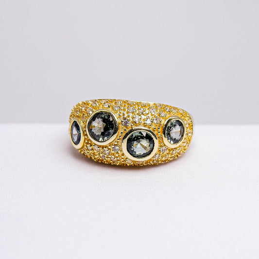 แหวนเงินแท้ 925 ฝังพลอย แซฟไฟร์แทนซาเนีย (ดิบ) (Songea Sapphire)(Unheated) + เซอร์คอน (Zircon)