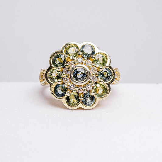 แหวนเงินแท้ 925 ฝังพลอย เขียวส่องบางกะจะ (green Sapphire) + เซอร์คอน (Zircon)