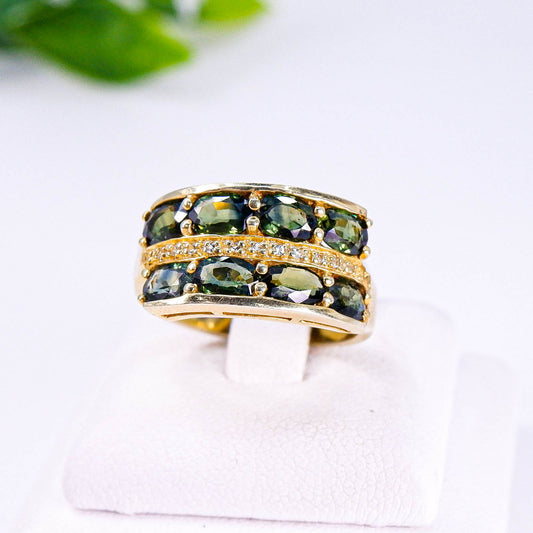 แหวนเงินแท้ 925 ฝังพลอย เขียวส่อง (green Sapphire) + ไวท์โทพาส (whitetopaz)