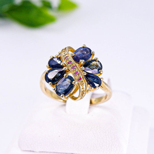 แหวนเงินแท้ 925 ฝังพลอย ไพลิน(Blue Sapphire)+ไวท์โทพาส(whitetopaz)+พิงค์แซฟไฟร์(Pink Sapphire)