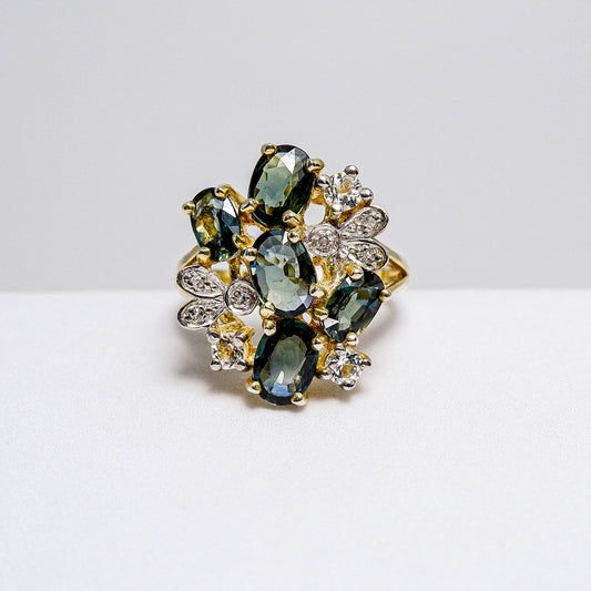 แหวนเงินแท้ 925 ฝังพลอย เขียวส่องบางกะจะ (greensapphire) + ไวท์โทพาส (whitetopaz)