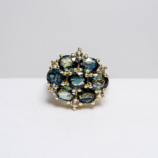 แหวนเงินแท้ 925 ฝังพลอย เขียวส่องบางกะจะ (greensapphire) + ไวท์โทพาส (whitetopaz)