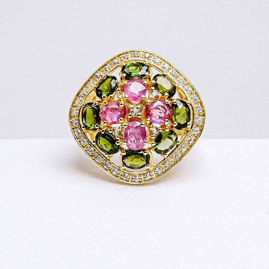 แหวนเงินแท้ 925 ฝังพลอย ทับทิมไทย (Siam Ruby)+ทัวร์มาลีน(Tourmaline)+ไวท์โทพาส(whitetopaz)
