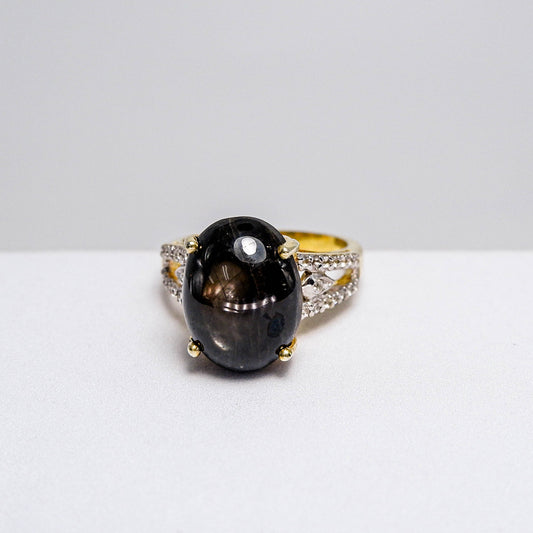 แหวนเงินแท้ 925 ฝังพลอย สตาร์บางกะจะ (Star Sapphire) + เซอร์คอน (Zircon)