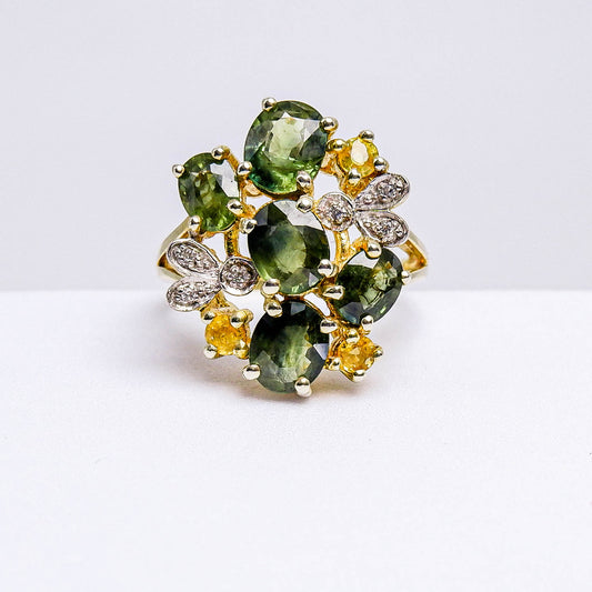 แหวนเงินแท้ 925 ฝังพลอย เขียวส่อง (green Sapphire) + บุษราคัม (Yellow Sapphire) + เซอร์คอน (Zircon)