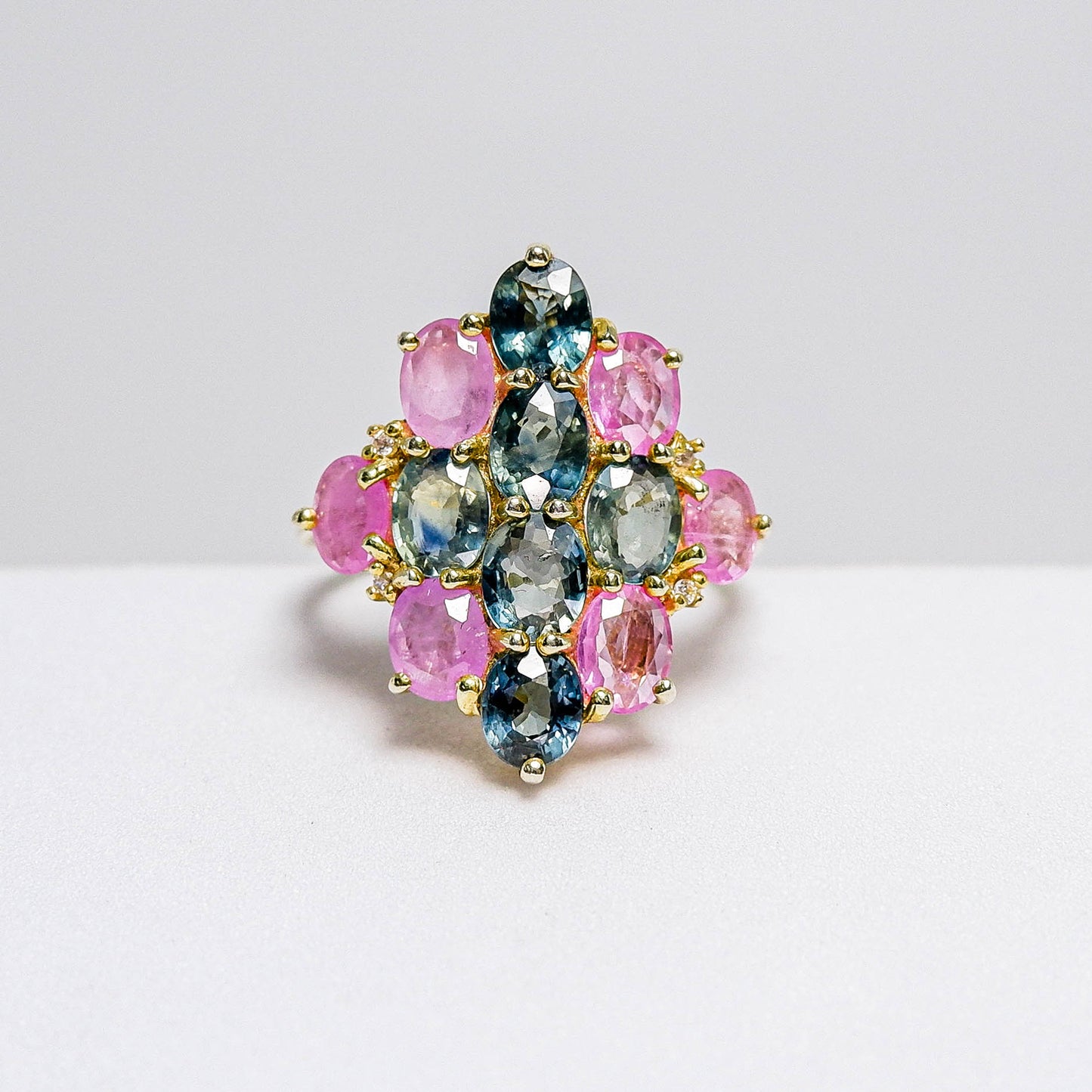 แหวนเงินแท้ 925 ฝังพลอย เขียวส่องบางกะจะ (greensapphire)+พิงค์แซฟไฟร์ (Pink Sapphire)+ไวท์โทพาส(whitetopaz)