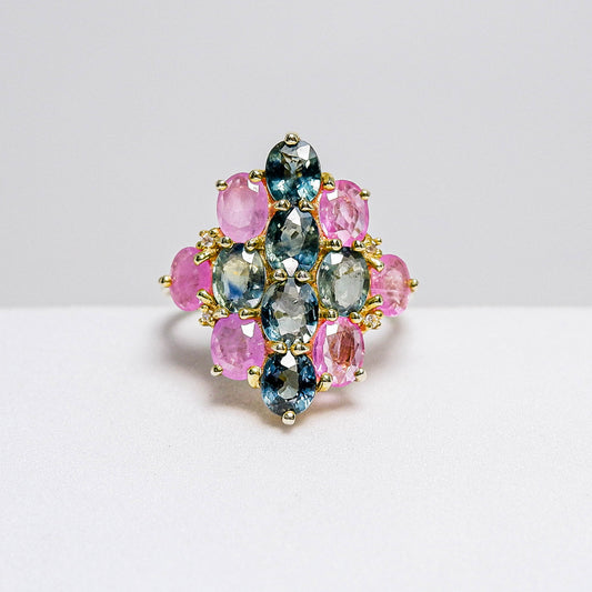 แหวนเงินแท้ 925 ฝังพลอย เขียวส่องบางกะจะ (greensapphire)+พิงค์แซฟไฟร์ (Pink Sapphire)+ไวท์โทพาส(whitetopaz)