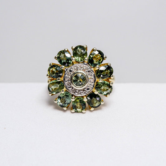 แหวนเงินแท้ 925 ฝังพลอย เขียวส่องบางกะจะ (greensapphire)+ไวท์โทพาส(whitetopaz)