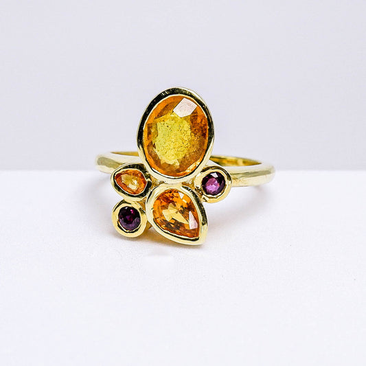แหวนเงินแท้ 925 ฝังพลอย บุษราคัมบางกะจะ (Yellow Sapphire) + ทับทิม (Ruby)