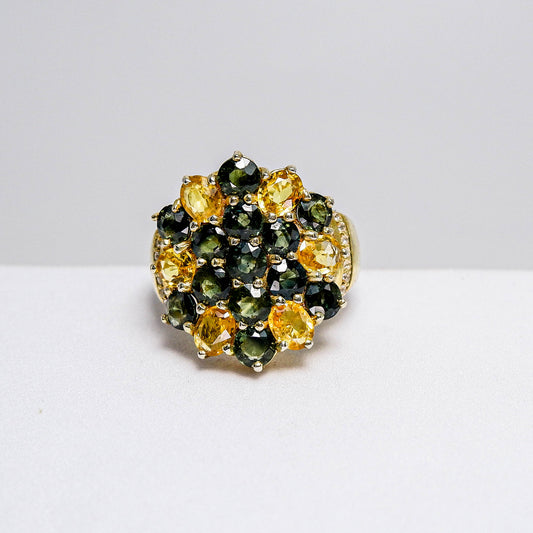แหวนเงินแท้ 925 ฝังพลอย เขียวส่อง (greensapphire)+บุษราคัม(Yellow Sapphire)+เซอร์คอน(Zircon)