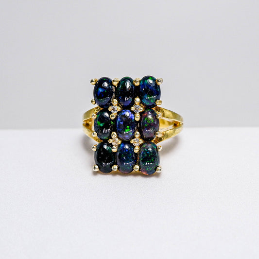 แหวนเงินแท้ 925 ฝังพลอย แบล็คโอปอล (Black Opal)+ไวท์โทพาส(whitetopaz)