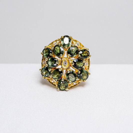 แหวนเงินแท้ 925 ฝังพลอย เขียวส่องบางกะจะ (greensapphire) + เซอร์คอน (Zircon)