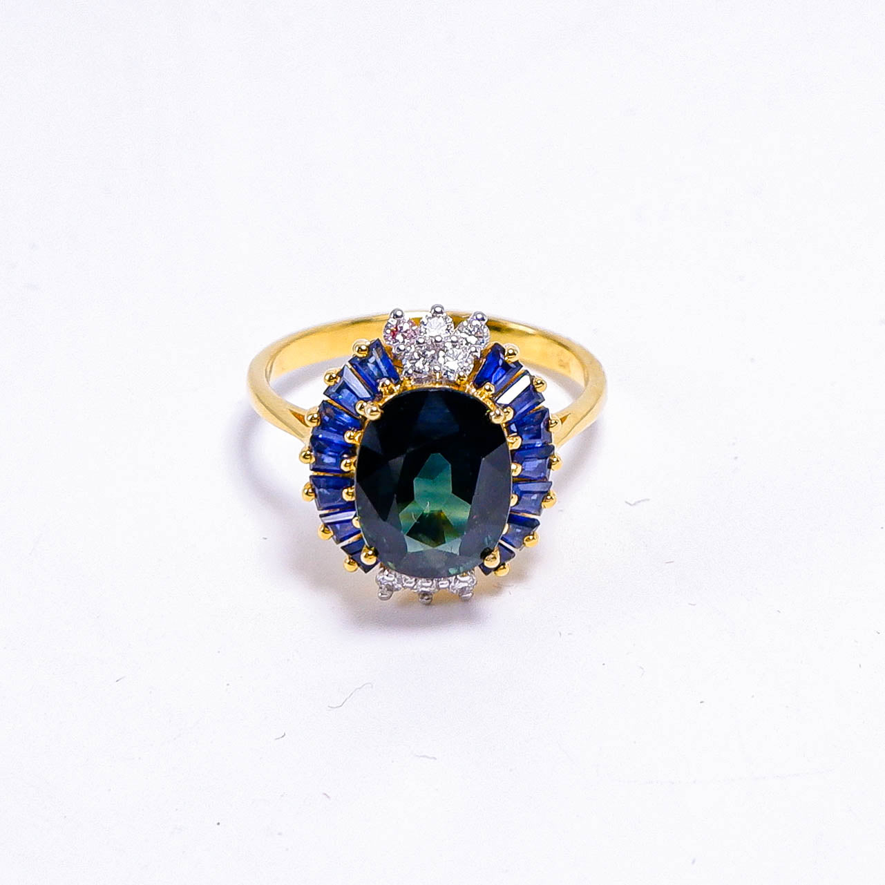 แหวนทอง9K ฝังพลอยเขียวส่องบางกะจะ (Green Sapphire) + ไพลิน (Blue Sapphire) + เพชร (Diamond)