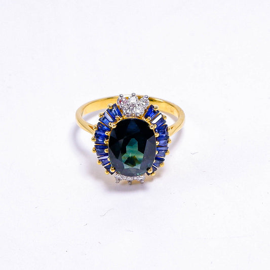แหวนทอง9K ฝังพลอยเขียวส่องบางกะจะ (Green Sapphire) + ไพลิน (Blue Sapphire) + เพชร (Diamond)